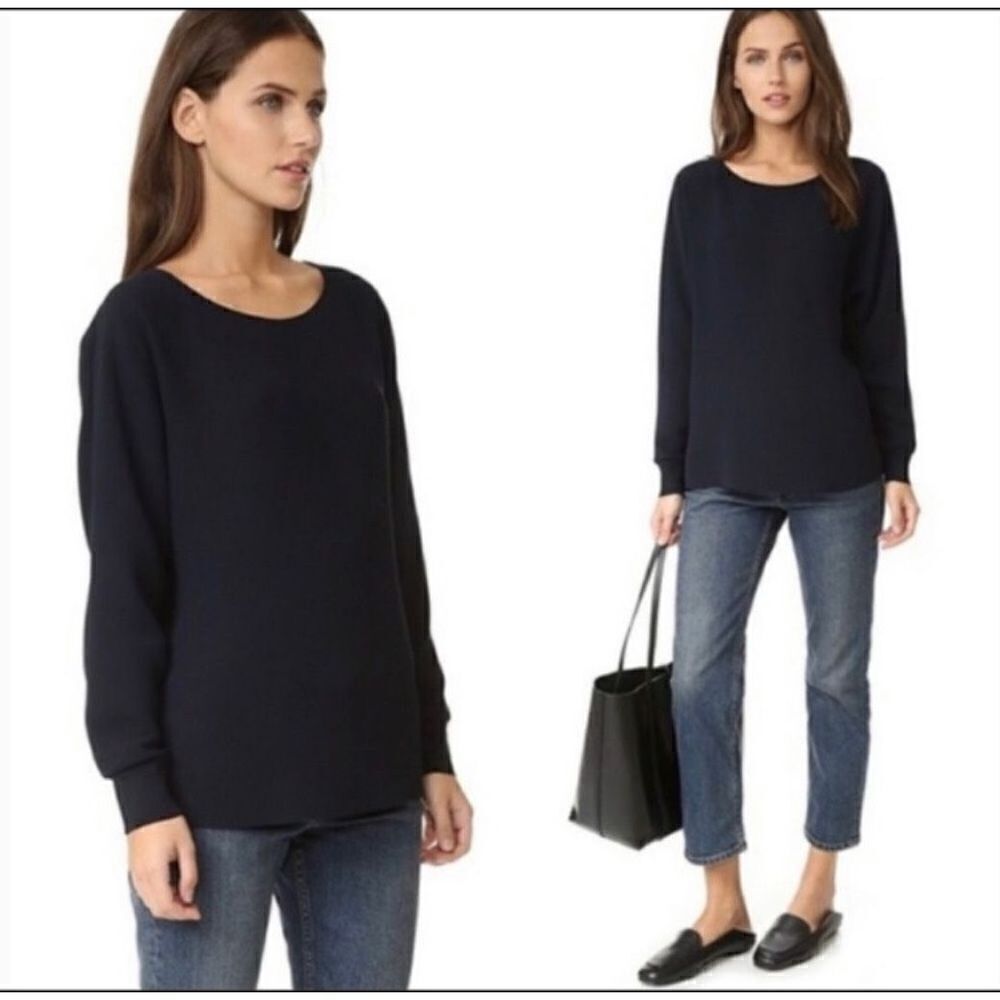 Vince Rib Cuff Dolman Blouse Navy Blue Boat Neck S‎ Small Oversized Long Sleeve